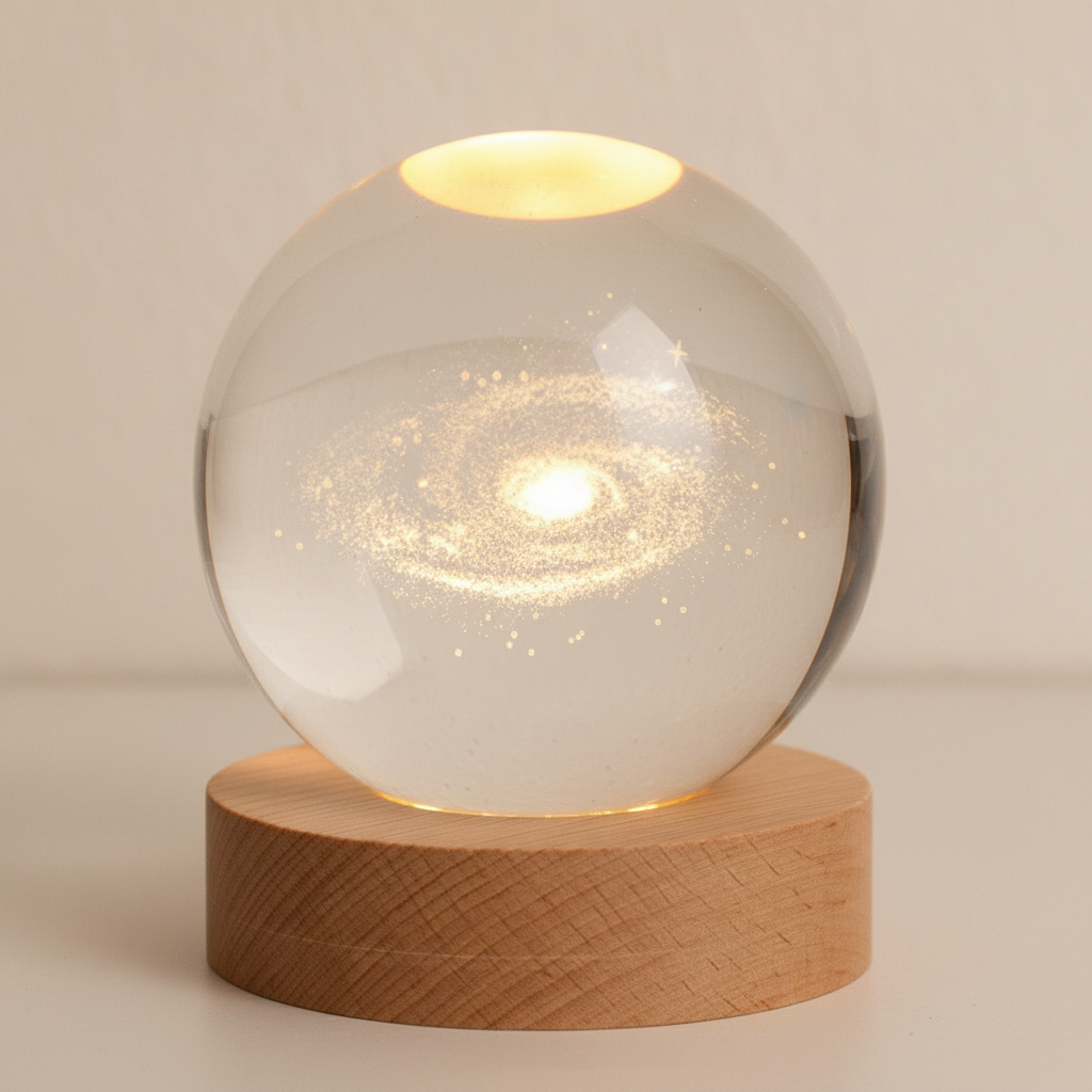3D Lamp Bolvormig Hout Tafellamp met Warm LED Licht en Planeten Decoratie
