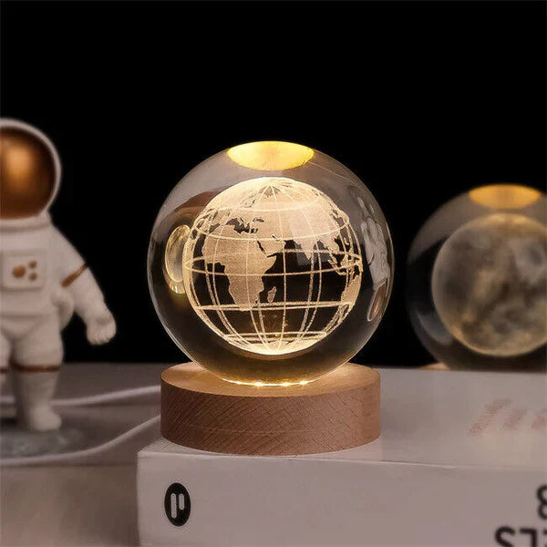 3D Lamp Bolvormig Hout Tafellamp met Warm LED Licht en Planeten Decoratie