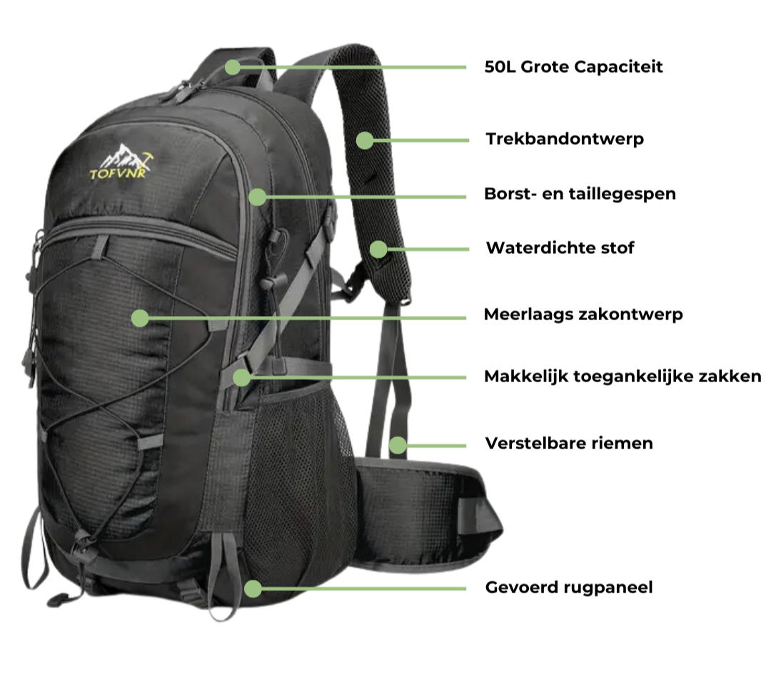 Wandelrugzak 50L Waterdicht Lichtgewicht