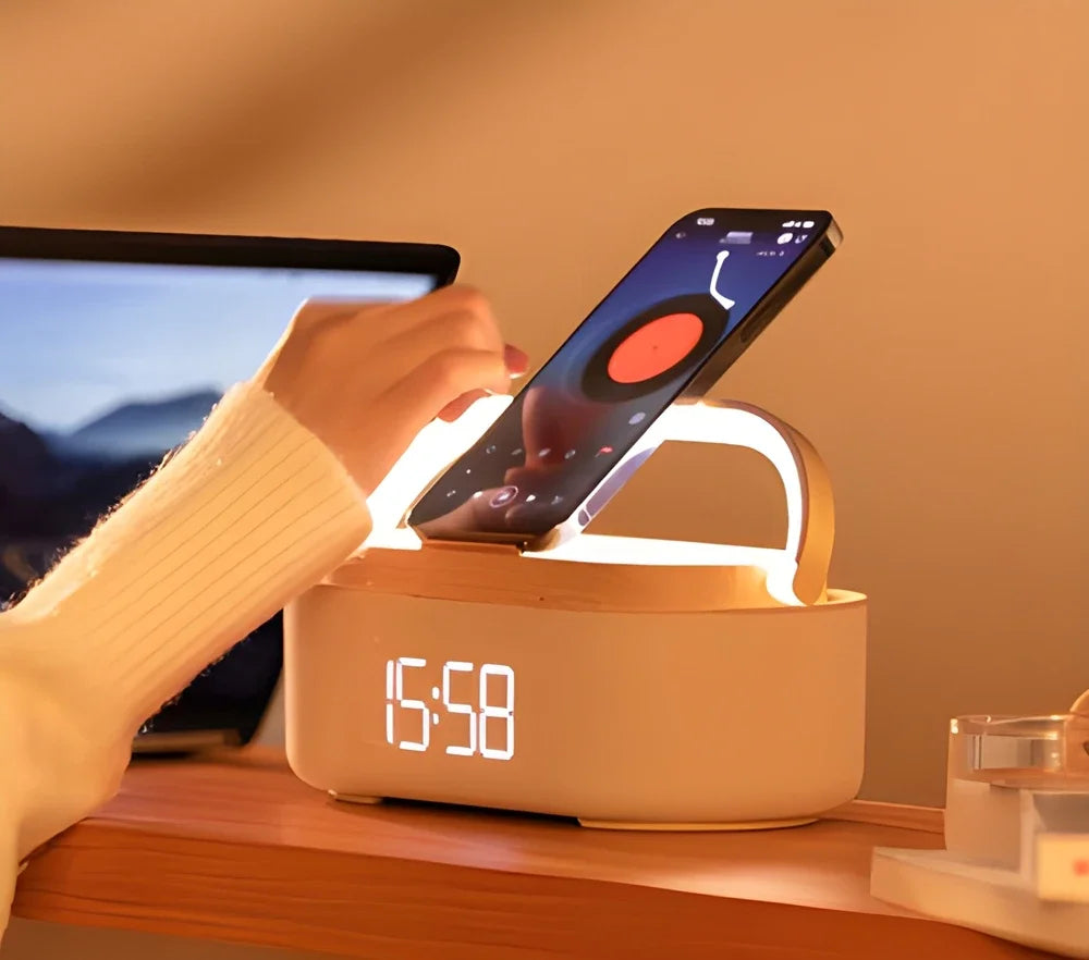 Luminix – 5-in-1 draadloze oplader met klok speaker lamp – nachtkastje 4
