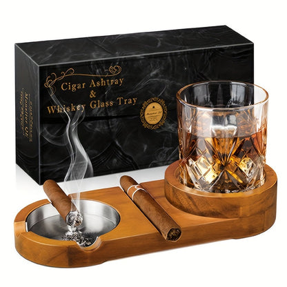 Houten Aschenbecher met Whiskeyhouder voor Sigarenliefhebbers