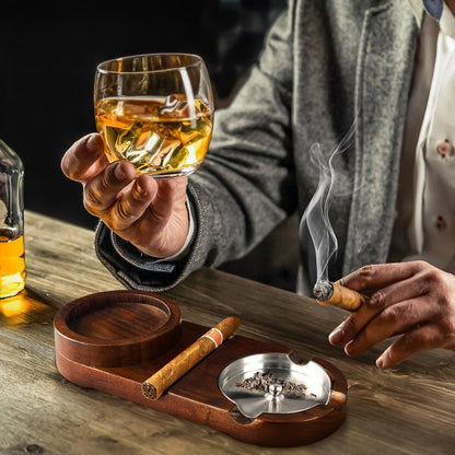Houten Aschenbecher met Whiskeyhouder voor Sigarenliefhebbers