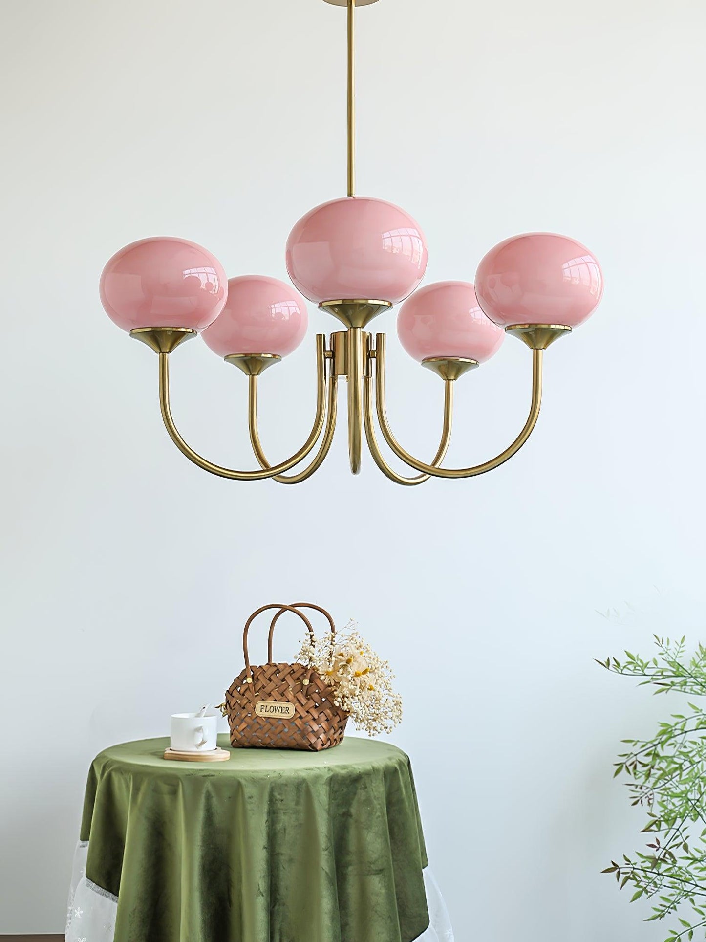 Roze Kroonluchter Gouden Plafondlamp met Glazen Kap