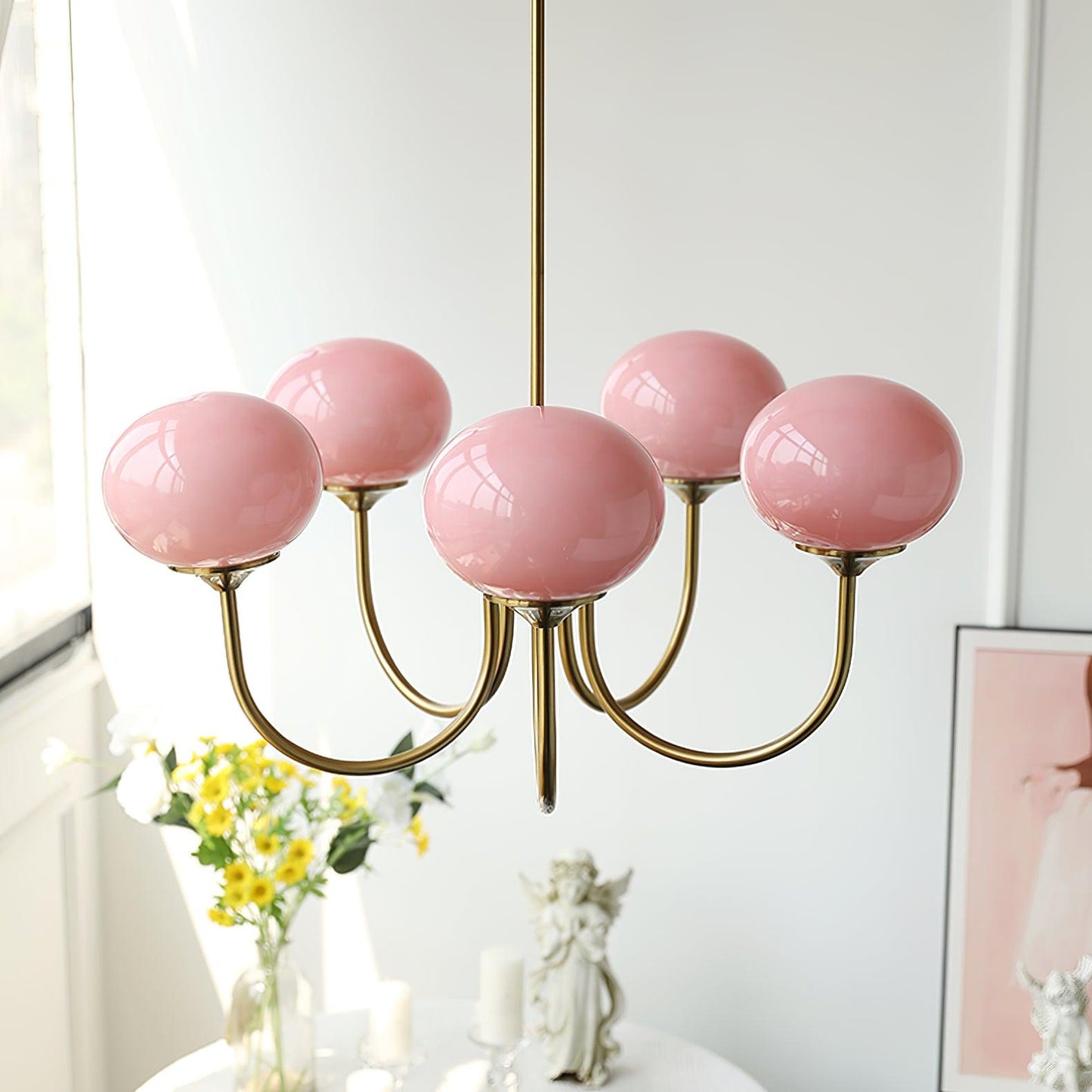 Roze Kroonluchter Gouden Plafondlamp met Glazen Kap