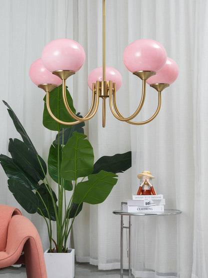 Roze Kroonluchter Gouden Plafondlamp met Glazen Kap