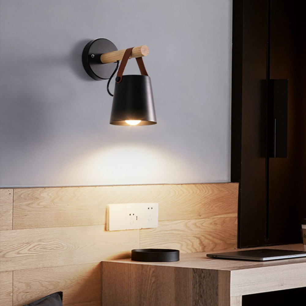 Wandlamp Hout en Leder Scandinavisch Design Moderne Verlichting