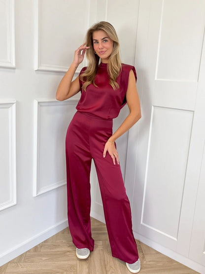 Dames Jumpsuit Satijn Look Open Rug Wijde Pijpen