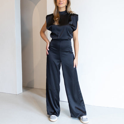 Dames Jumpsuit Satijn Look Open Rug Wijde Pijpen