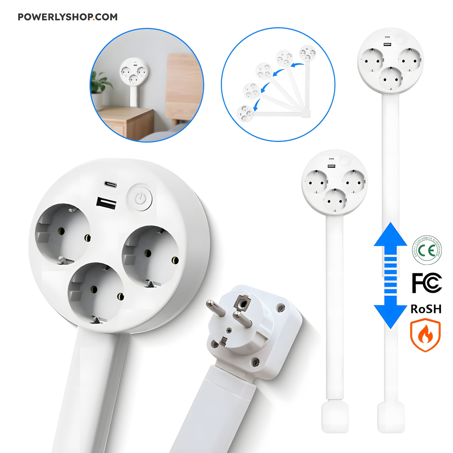 Uitschuifbaar Stopcontact met USB en 3 Stopcontacten