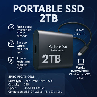 Externe SSD 2TB USB-C Hoge Snelheid Draagbaar