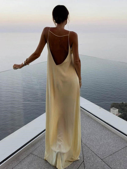 Roos™ – Dames Maxi Jurk met Open Rug en Luxe Satijnen Glans