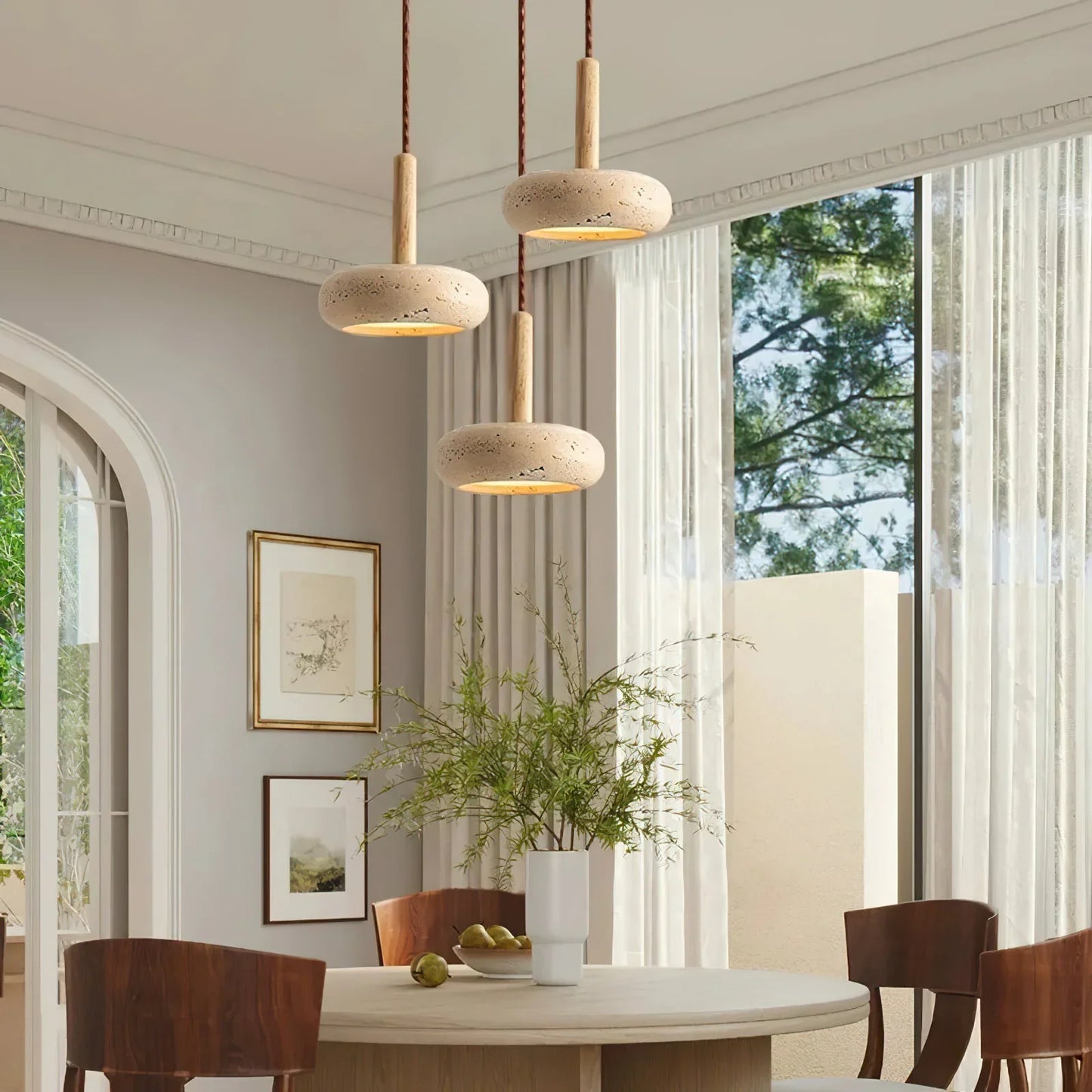 Ronde Hanglamp van Travertin met Zonnesteen Look