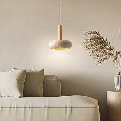 Ronde Hanglamp van Travertin met Zonnesteen Look