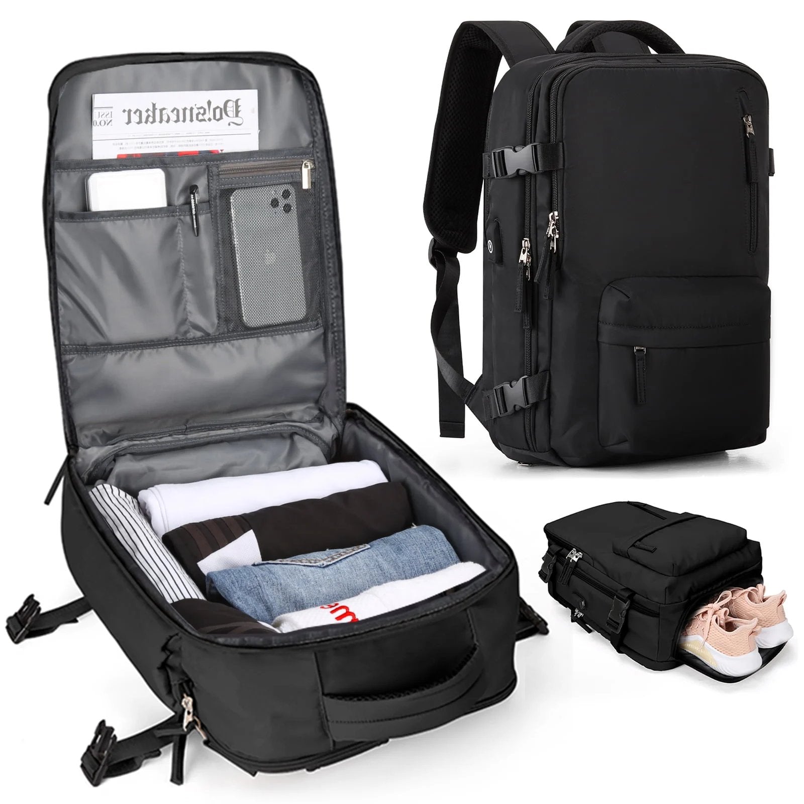 Rugzak – Grote waterdichte reistas 35L met USB & schoenenvak – Reizen 10