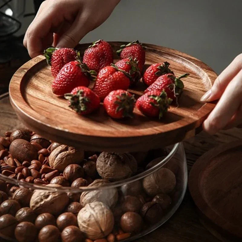 Glazen Schaal met Houten Deksel voor Fruit en Snoepgoed