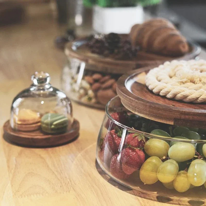 Glazen Schaal met Houten Deksel voor Fruit en Snoepgoed