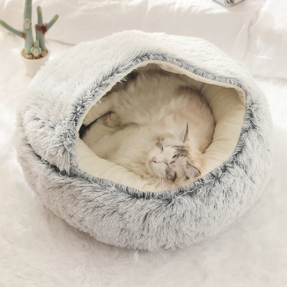 Kattenbed Pluche met Capuchon Warm en Zacht voor Katten