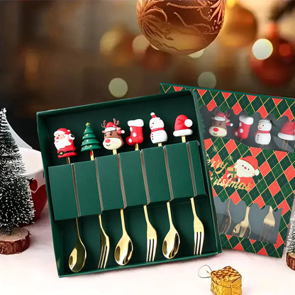 Kerstbestekset Goud met Kerstman Design Luxe Lepel en Vork
