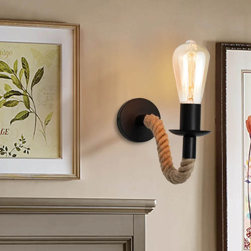 Retro Wandlamp Houten Armatuur met Touw E27 Dimbaar