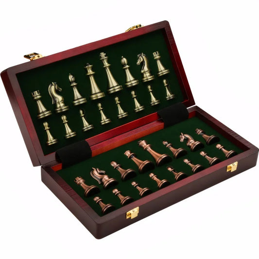 Houten Schaakspel 30 cm Opvouwbare Set met Bronzen Stukken - Velinix