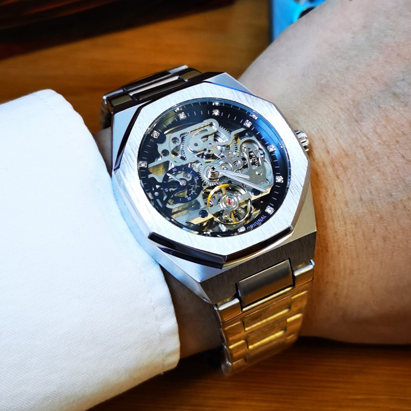 Skeleton Automatisch Horloge Roestvrijstalen Band Opengewerkt Mechanisme