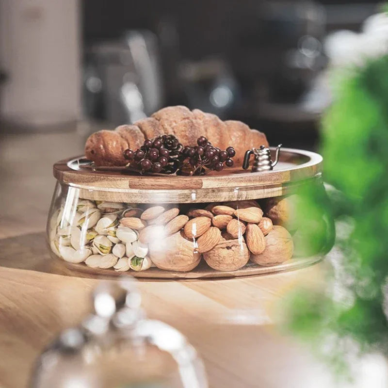 Glazen Schaal met Houten Deksel voor Fruit en Snoepgoed