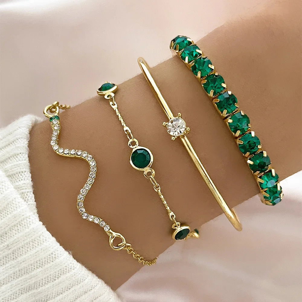 Slangen Armband Set van 4 met Groene Steentjes en Strass