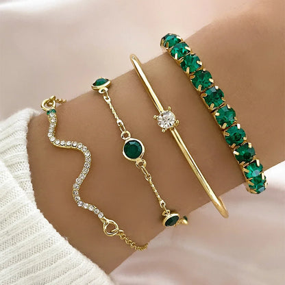 Slangen Armband Set van 4 met Groene Steentjes en Strass