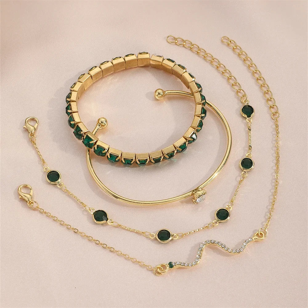 Slangen Armband Set van 4 met Groene Steentjes en Strass