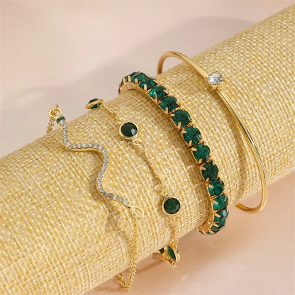 Slangen Armband Set van 4 met Groene Steentjes en Strass