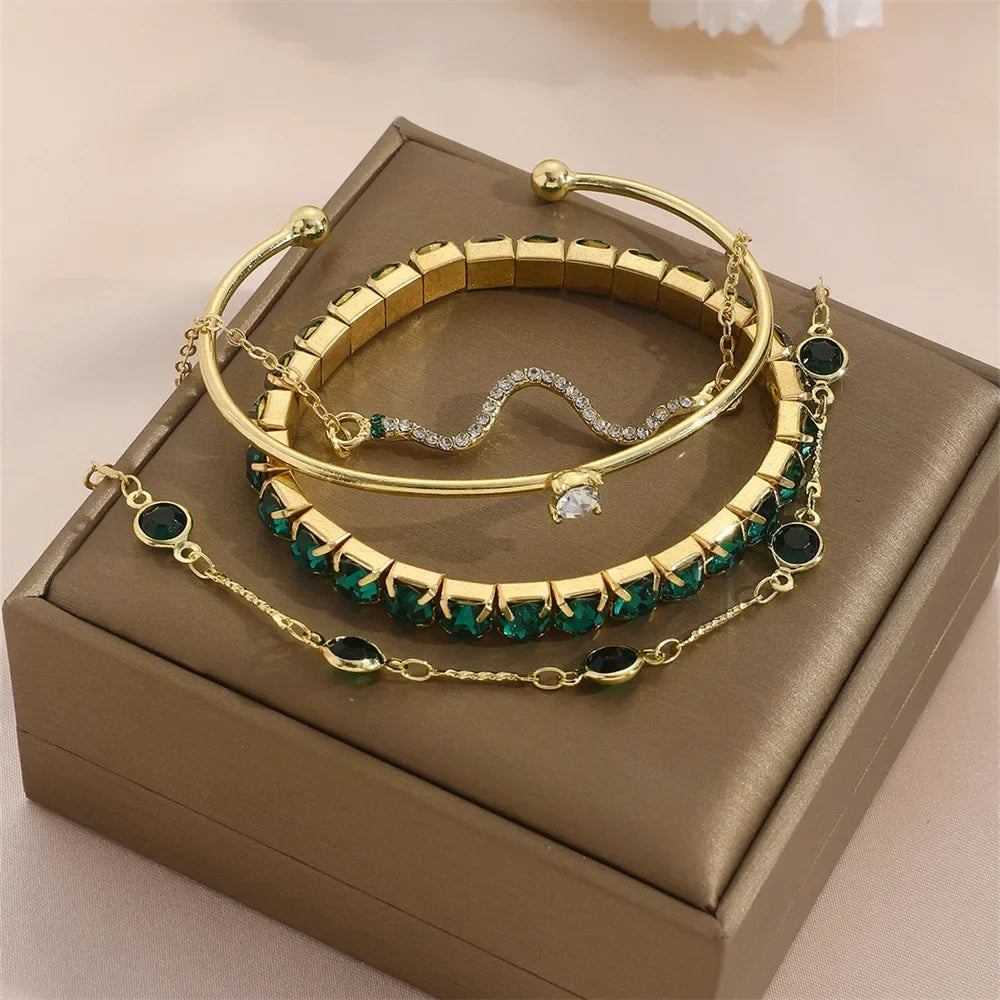 Slangen Armband Set van 4 met Groene Steentjes en Strass