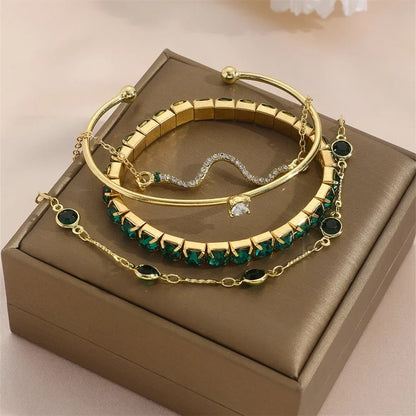 Slangen Armband Set van 4 met Groene Steentjes en Strass