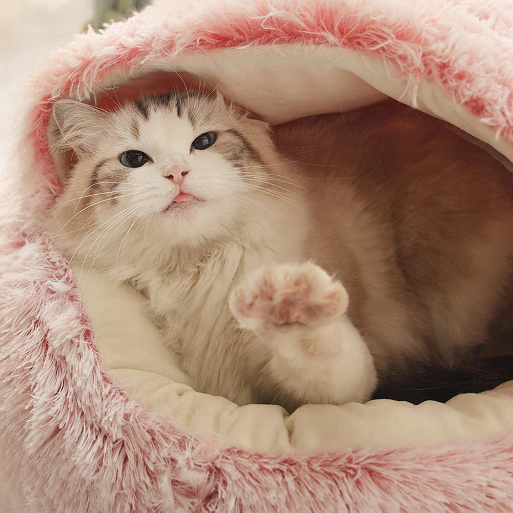 Kattenbed Pluche met Capuchon Warm en Zacht voor Katten