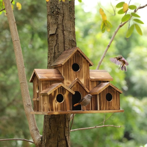 Houten Vogelhuisje Handgemaakt met 6 Ingangen voor Tuin - Velinix