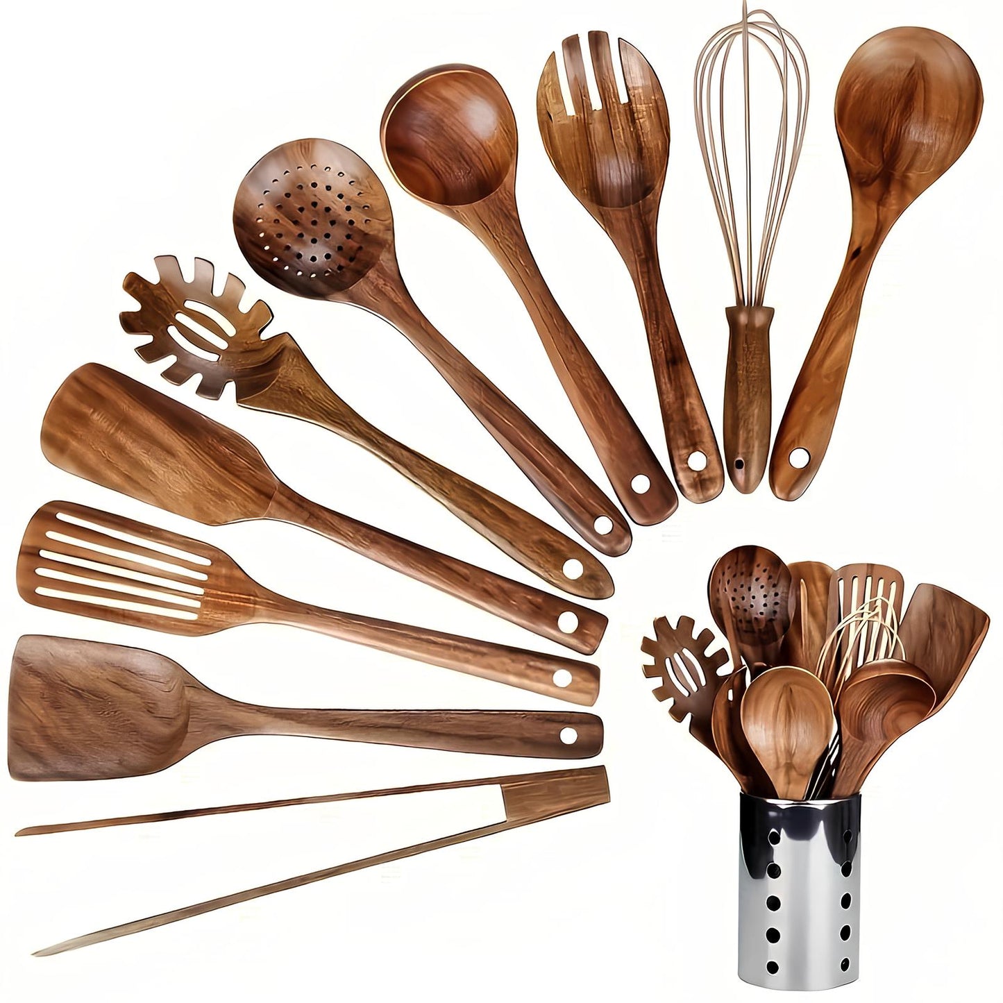 Teak Keukengereedschap Set 11-delig met Houten Houder - Velinix