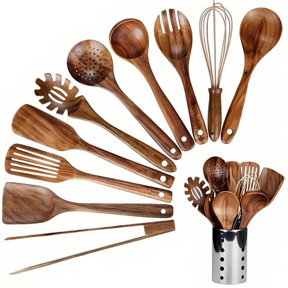 Teak Keukengereedschap Set 11-delig met Houten Houder - Velinix