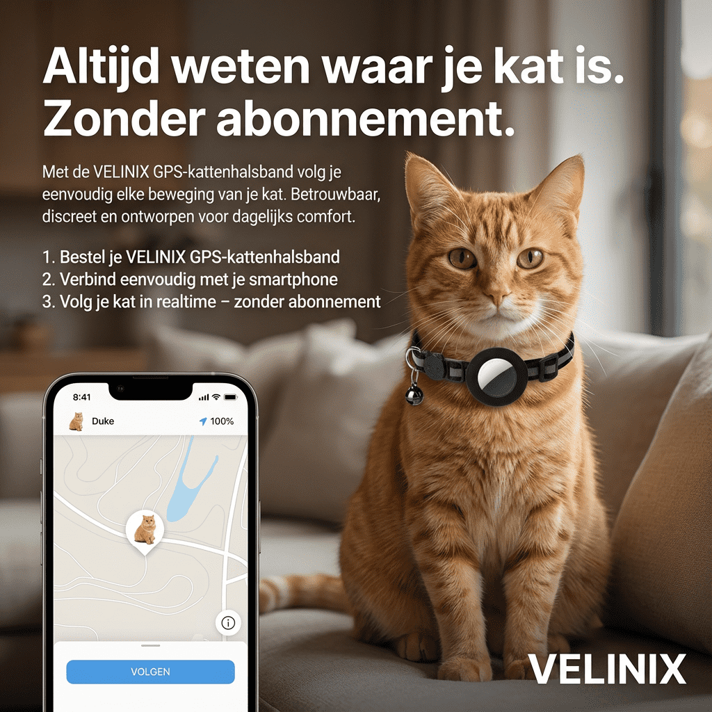 Velinix™ – GPS Halsband voor Kat Zonder Abonnement (iOS & Android)