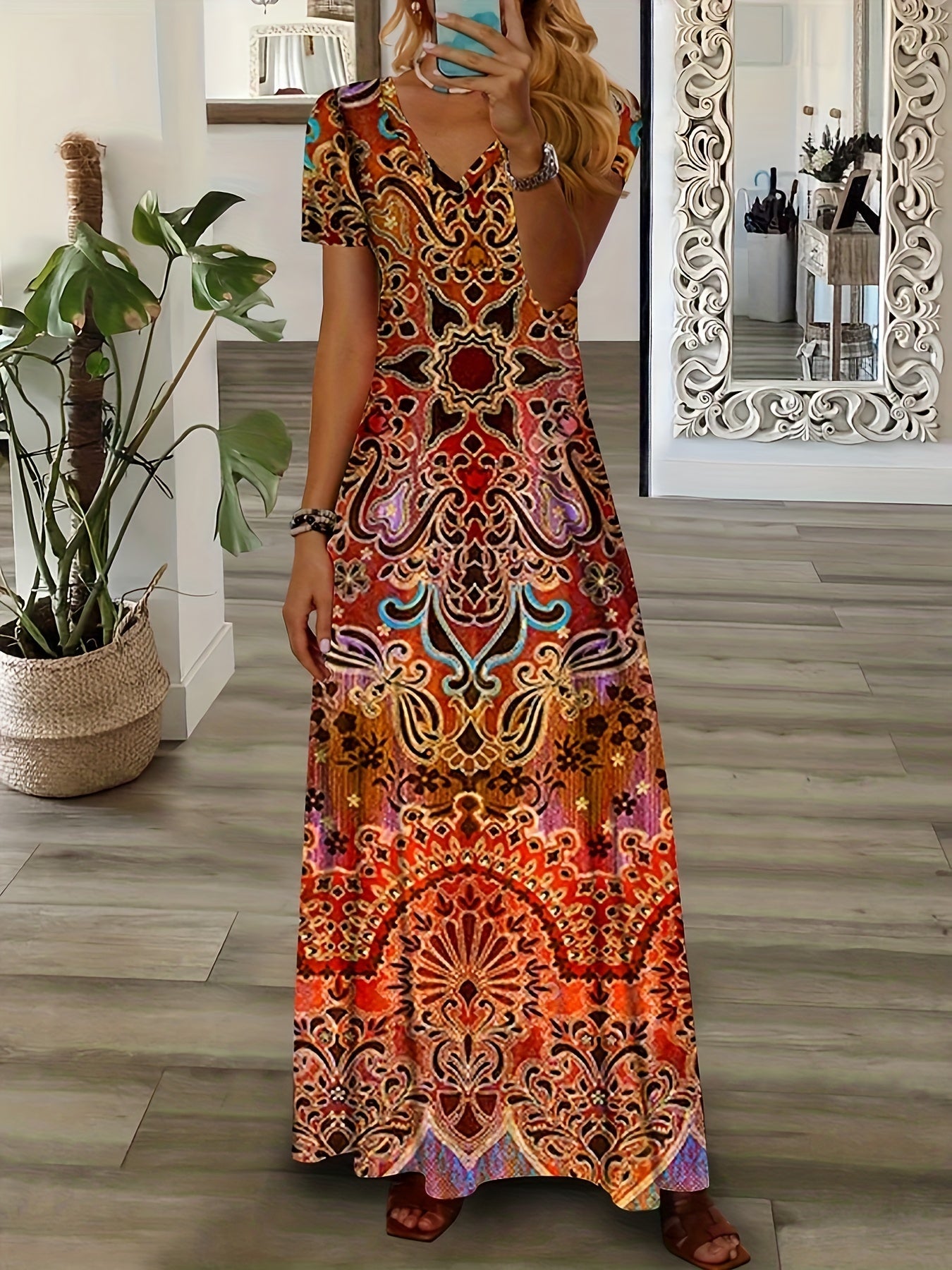 VintageVibe™ – Dames Zomerjurk met Bloemenpatroon en V-Hals Elegante Maxi-2