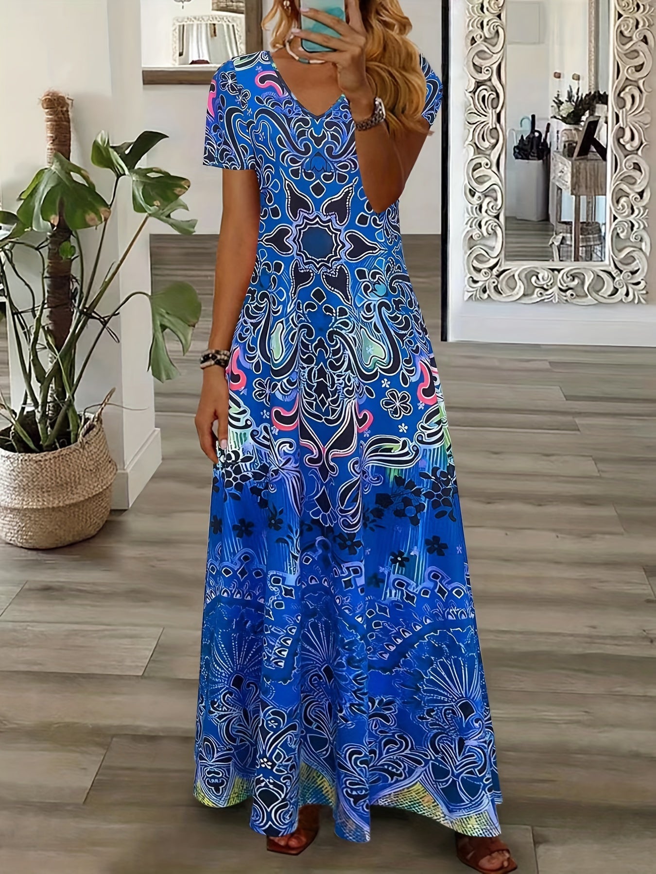 Variant image for VintageVibe™ – Dames Zomerjurk met Bloemenpatroon en V-Hals Elegante Maxi-14