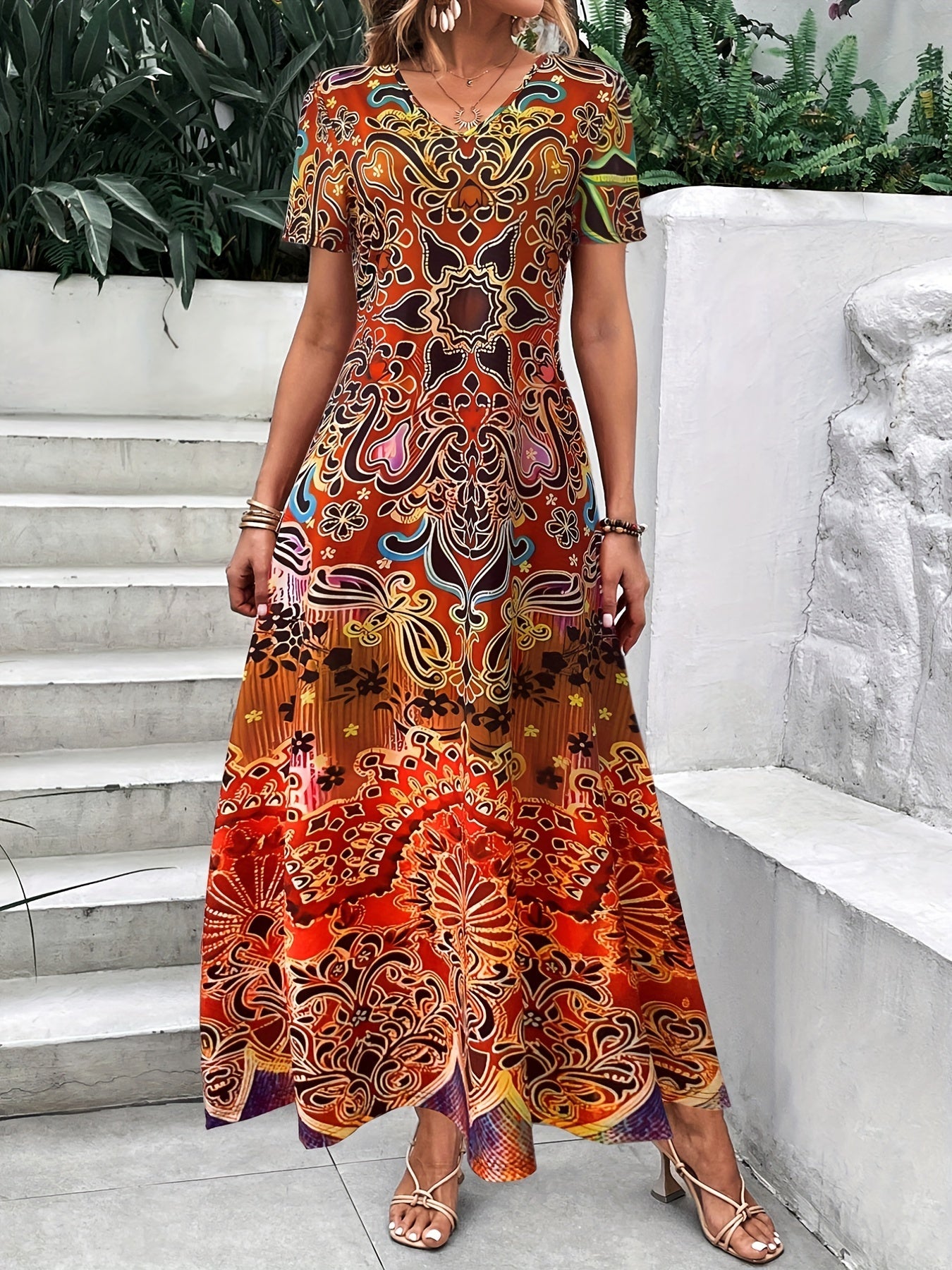VintageVibe™ – Dames Zomerjurk met Bloemenpatroon en V-Hals Elegante Maxi-1