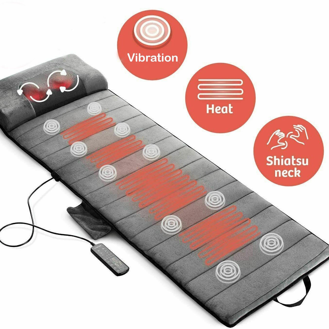 Volledige Lichaam Verwarmde Massage Mat - 3 intensiteiten en 5 vibratiestanden - geïntegreerde verwarming - lichtgewicht en opvouwbaar - huishoudmeester
