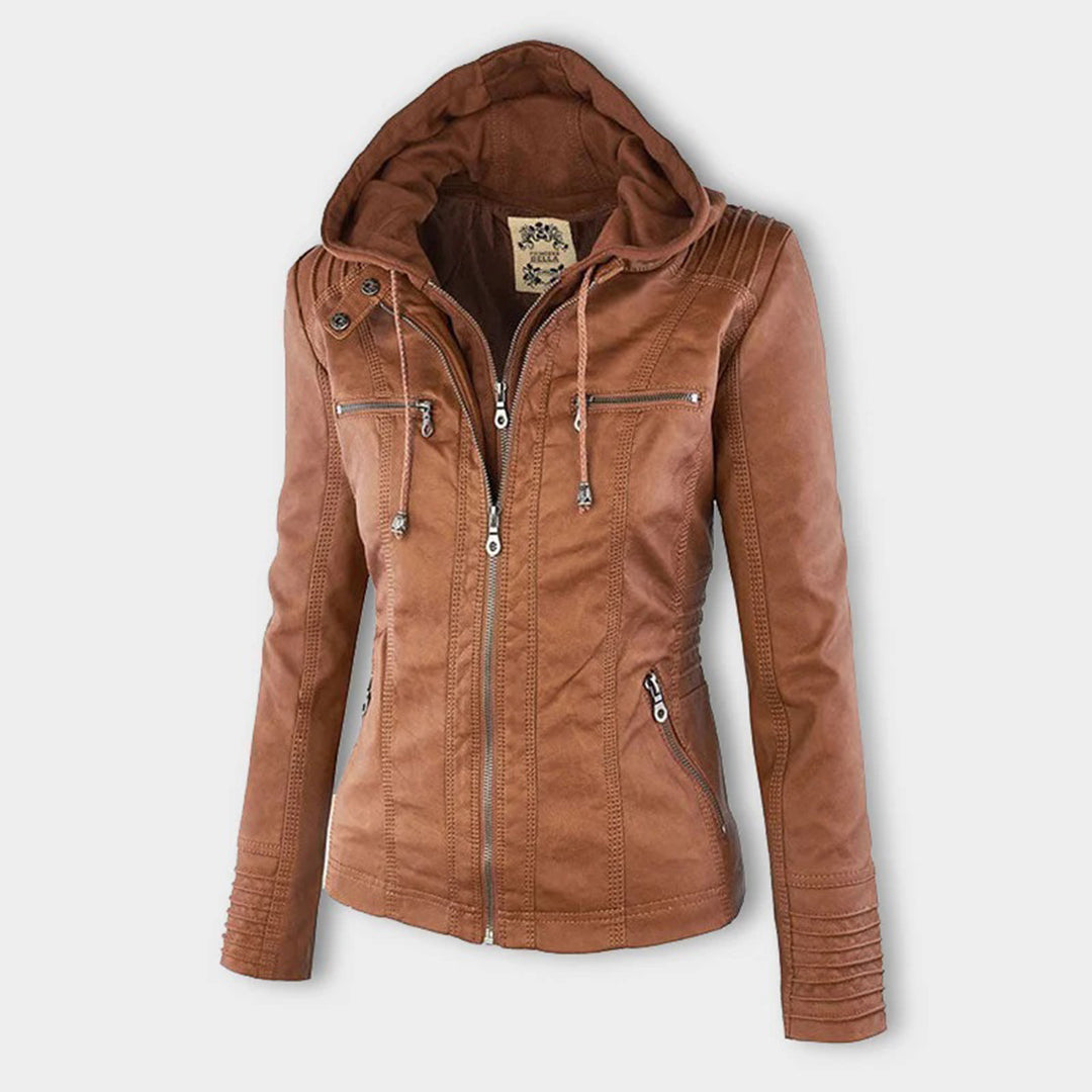 Dames Leren Jas Zwarte PU-Jas met Capuchon en Rits - Velinix