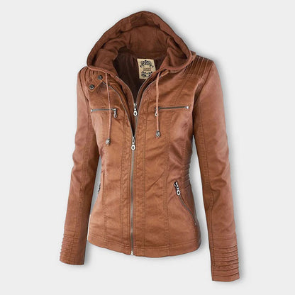 Dames Leren Jas Zwarte PU-Jas met Capuchon en Rits - Velinix