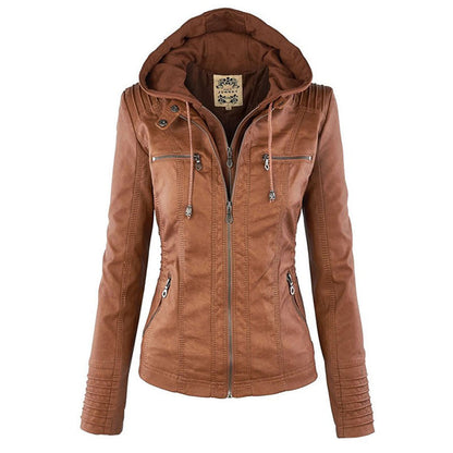 Dames Leren Jas Zwarte PU-Jas met Capuchon en Rits