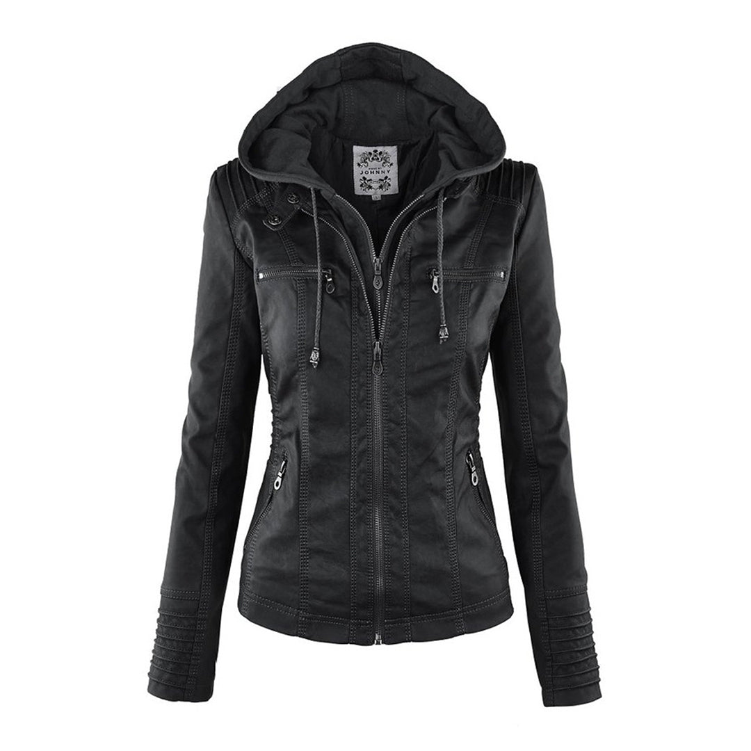 Dames Leren Jas Zwarte PU-Jas met Capuchon en Rits