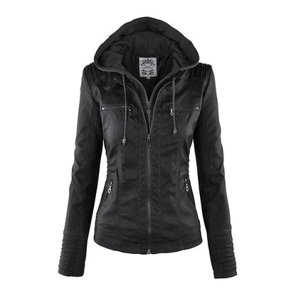 Dames Leren Jas Zwarte PU-Jas met Capuchon en Rits