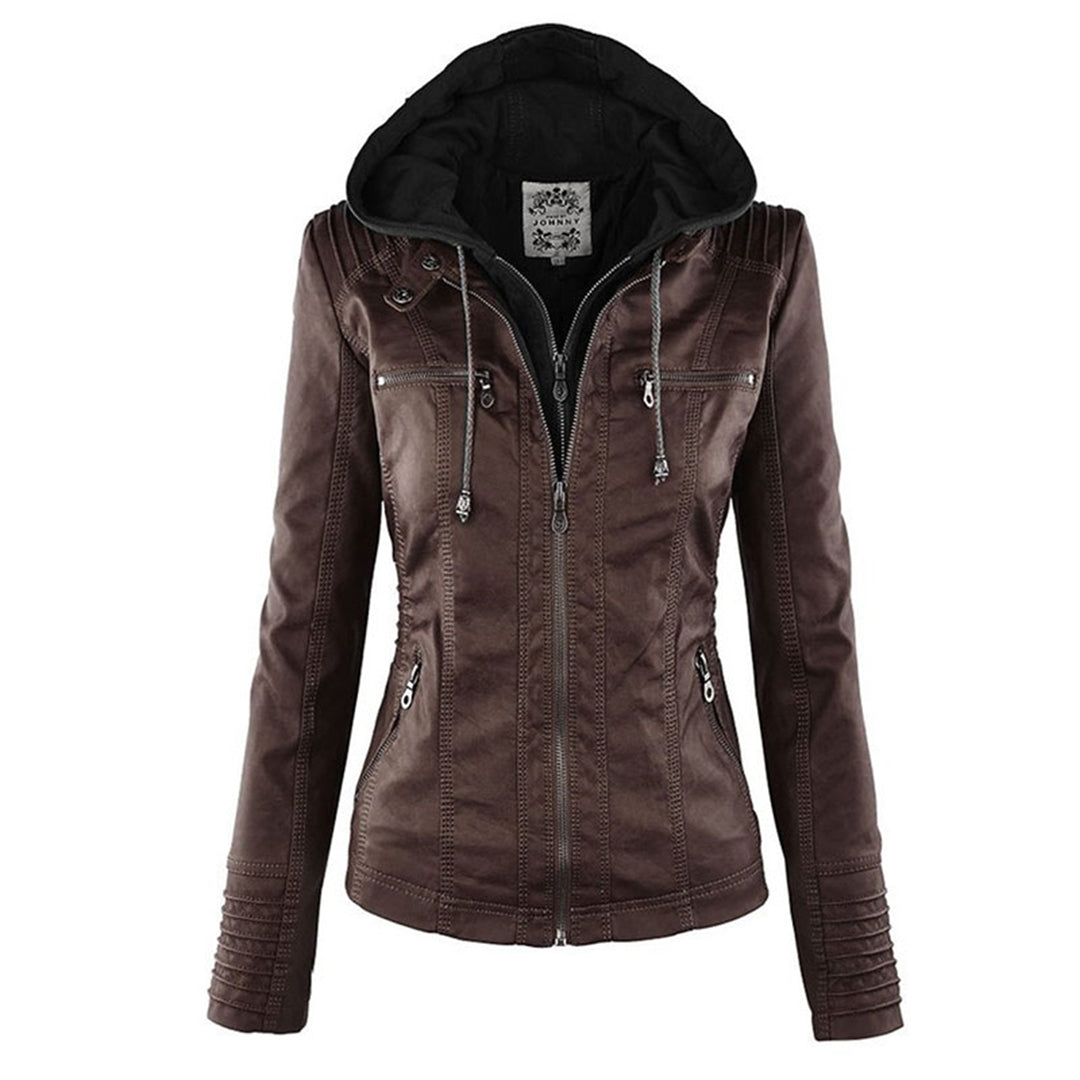 Dames Leren Jas Zwarte PU-Jas met Capuchon en Rits