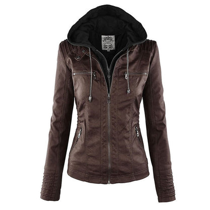 Dames Leren Jas Zwarte PU-Jas met Capuchon en Rits