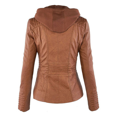 Dames Leren Jas Zwarte PU-Jas met Capuchon en Rits