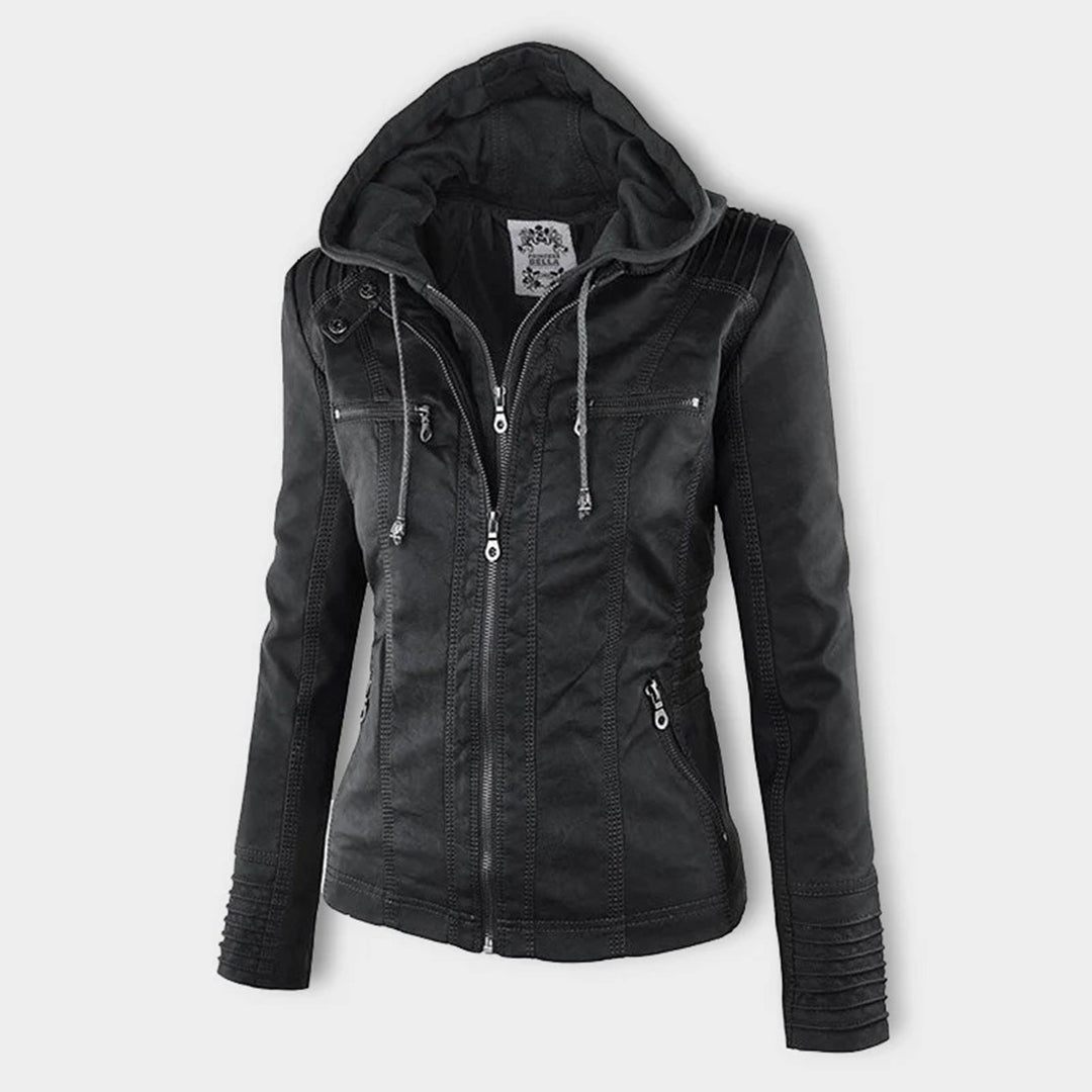 Dames Leren Jas Zwarte PU-Jas met Capuchon en Rits